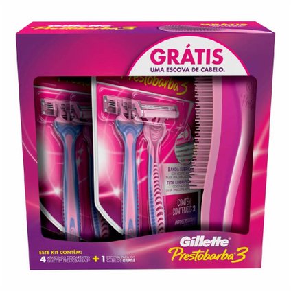 APARELHO DEPILATÓRIO GILLETTE PRESTOBARBA 3 COM 4 UNIDADES GRÁTIS ESCOVA DE CABELO