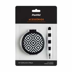 ESPELHO E PINÇA PANVEL ACESSÓRIOS ESTAMPA PB GEOMÉTRICA