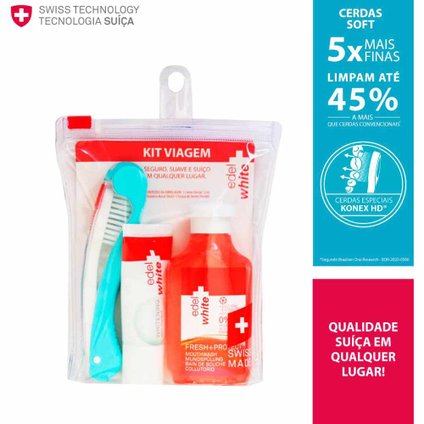 KIT DE VIAGEM EDEL WHITE CREME DENTAL + ESCOVA DENTAL TO GO + ENXAGUATÓRIO FRESH+ PROTECT