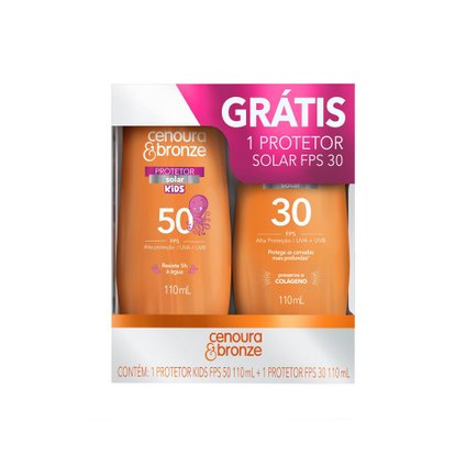 KIT CENOURA  BRONZE PROTETOR SOLAR KIDS FPS50 110ML GRÁTIS PROTETOR SOLAR FPS30 110ML