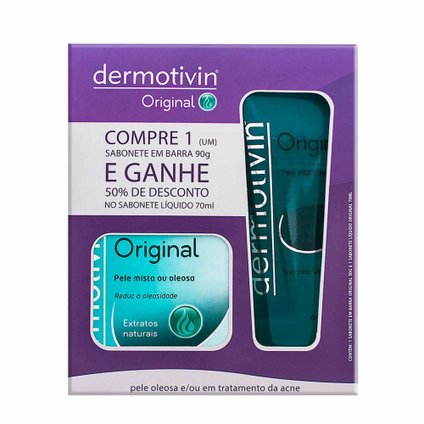 KIT DERMOTIVIN ORIGINAL SABONETE BARRA 90G LEVE DERMOTIVIN ORIGINAL SABONETE LÍQUIDO 70ML COM 50% DE