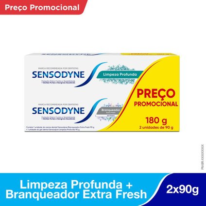 KIT CREME DENTAL SENSODYNE DENTES SENSÍVEIS BRANQUEADOR EXTRA FRESH 90G + LIMPEZA PROFUNDA 90G