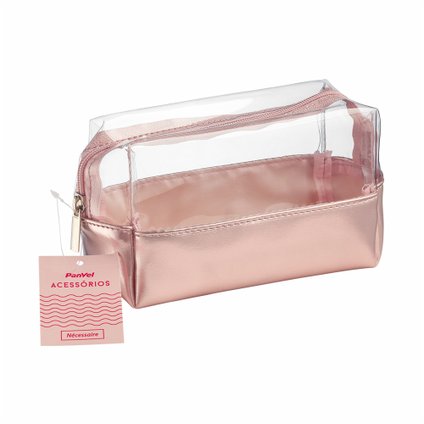 NECESSAIRE METALIZADA COR ROSE COM TRASPARENCIA PANVEL ACESSORIOS
