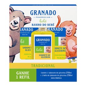 KIT SABONETE LÍQUIDO GRANADO BEBÊ 1 UNID DE 250ML + 2 UNID DE REFIL 250ML