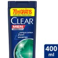SHAMPOO ANTICASPA CLEAR MEN LIMPEZA DIÁRIA 2 EM 1 LEVE 400ML PAGUE 330ML