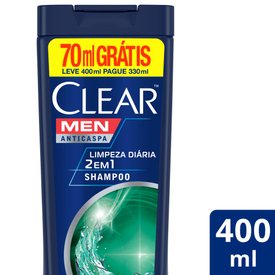 SHAMPOO ANTICASPA CLEAR MEN LIMPEZA DIÁRIA 2 EM 1 LEVE 400ML PAGUE 330ML