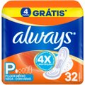 ABSORVENTE ALWAYS TAMANHO P SECA COM ABAS PACOTE 32 UNIDADES GRÁTIS 4 ABSORVENTES
