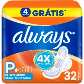 ABSORVENTE ALWAYS TAMANHO P SECA COM ABAS PACOTE 32 UNIDADES GRÁTIS 4 ABSORVENTES