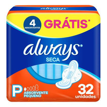 ABSORVENTE ALWAYS TAMANHO P SECA COM ABAS PACOTE 32 UNIDADES GRÁTIS 4 ABSORVENTES
