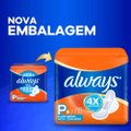 ABSORVENTE ALWAYS TAMANHO P SECA COM ABAS PACOTE 32 UNIDADES GRÁTIS 4 ABSORVENTES