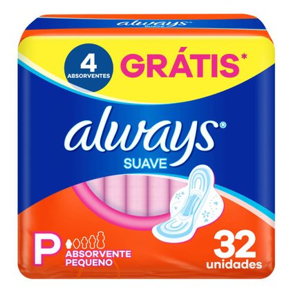 ABSORVENTE ALWAYS TAMANHO P SUAVE COM ABAS PACOTE 32 UNIDADES GRÁTIS 4 ABSORVENTES