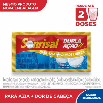 SONRISAL TRADICIONAL DUPLA AÇÃO ANTIÁCIDO E ANALGÉSICO PARA ALÍVIO  AZIA DOR DE CABEÇA 2 PASTILHAS