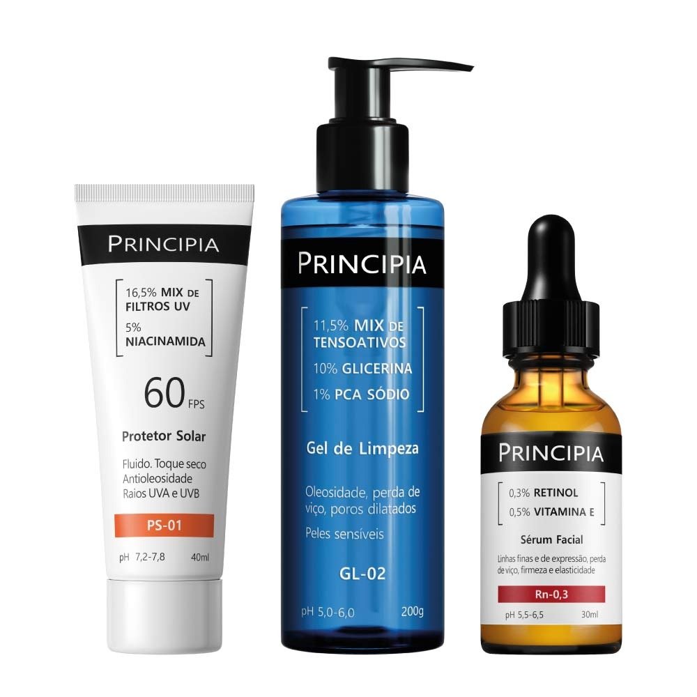 Kit Principia Protetor Solar Fps60 Ps-01 40ml + Gel De Limpeza Gl-02 200g + Sérum Rn-0,3 30ml