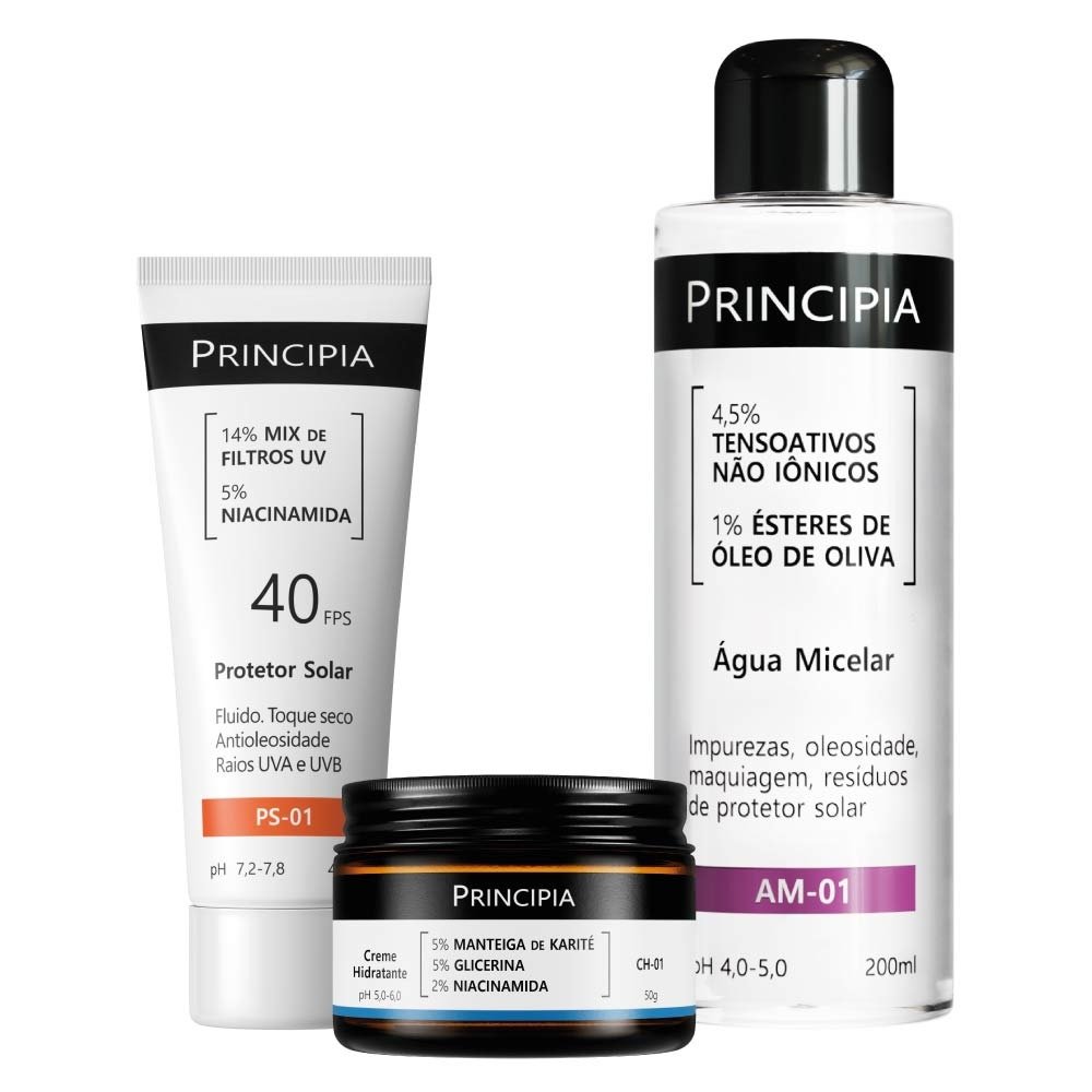 Kit Principia Creme Hidratante Ch-01 50g + Água Micelar Am-01 200ml + Protetor Solar Fps40 Ps-01 40ml
