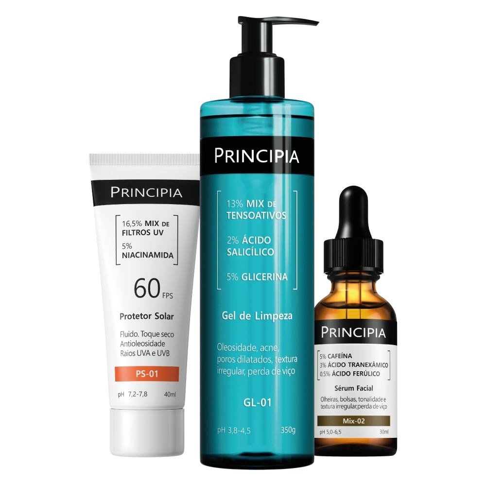 Kit Principia Protetor Solar Fps60 Ps-01 40ml + Sérum Mix-02 30ml + Gel De Limpeza Gl-01 350g