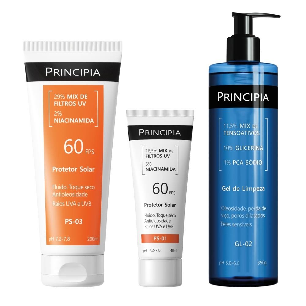 Kit Principia Gel De Limpeza Gl-02 350g + Protetor Solar Facial Fps60 Ps-01 40ml + Protetor Solar Corporal Fps60 Ps-03 200ml