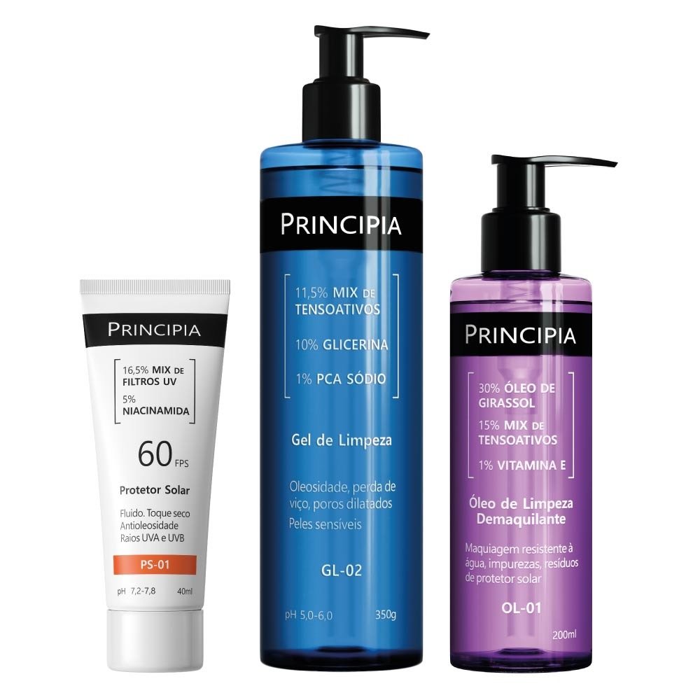 Kit Principia Óleo Demaquilante Ol-01 200ml + Protetor Solar Fps60 Ps-01 40ml + Gel De Limpeza Gl-02 350g