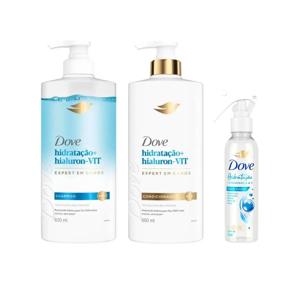 Kit Dove Hidratação + Hialuron Vit Condicionador 600ml + Shampoo 600ml + Sérum Leave In Spray Fluido110ml