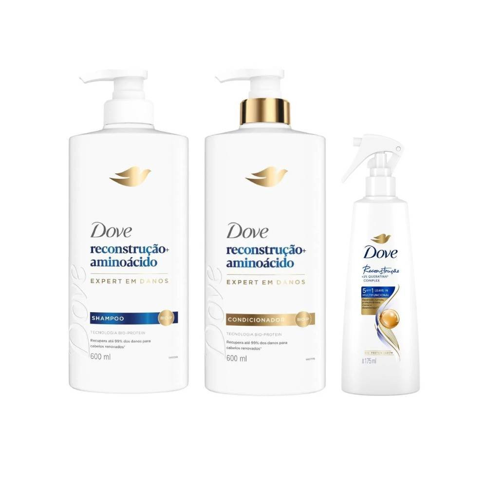 Kit Dove Reconstrução + Aminoácido Expert Em Danos + Condicionador 600ml + Shampoo 600ml + Leave In Capilar Multifuncional 175ml