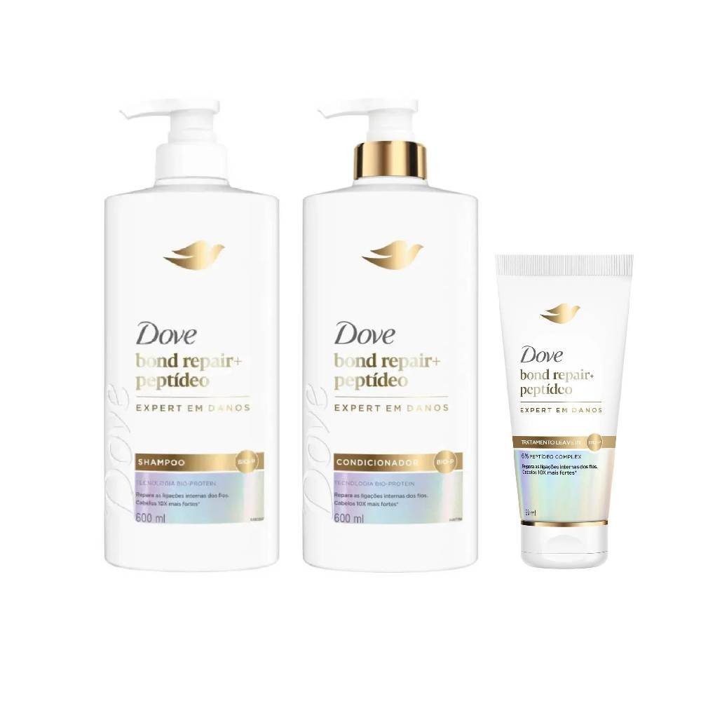 Kit Dove Repair + Peptídeos Condicionador 600ml + Shampoo 600ml + Creme Leave In Capilar 50ml