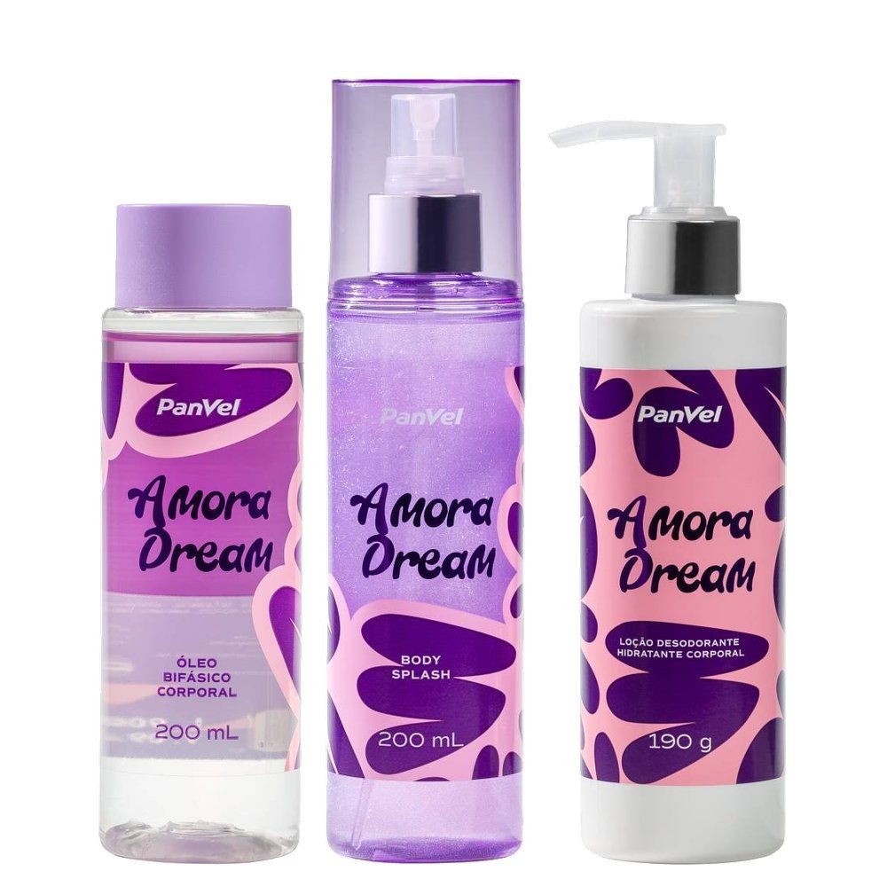 Kit Panvel Amora Dream Body Splash Desodorante Corporal 200ml + Hidratante E Iluminador Corporal 200ml + Óleo Bifásico Desodorante Corporal 200ml