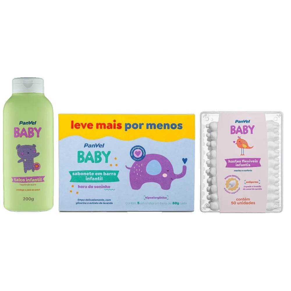 Kit Panvel Baby Sabonete Em Barra Com 5 Unidades + Talco 200g + Hastes Flexíveis 50 Unidades