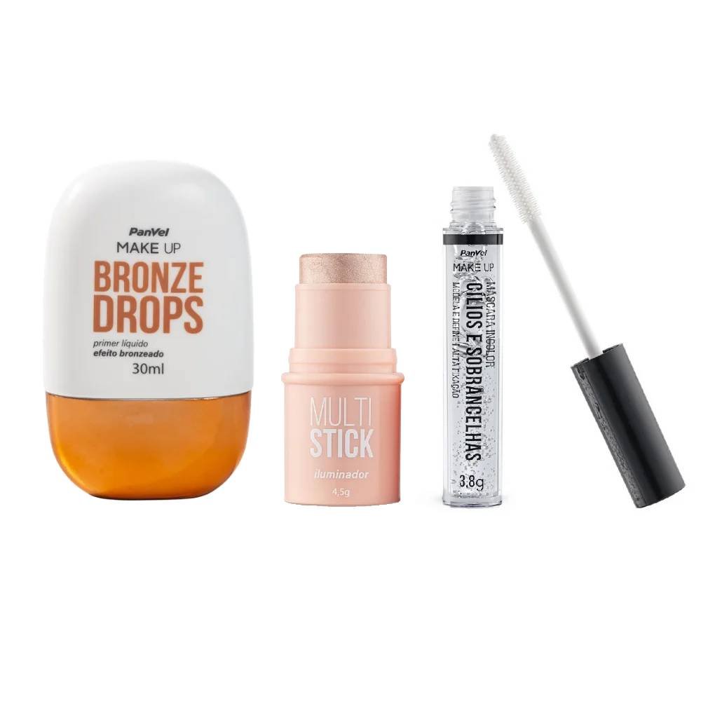 Kit Panvel Make Up Iluminador Multi Stick Champagne 4,5g + Primer Líquido Bronze Drops 30ml + Máscara Para Cílios E Sobrancelha Incolor 3,8g