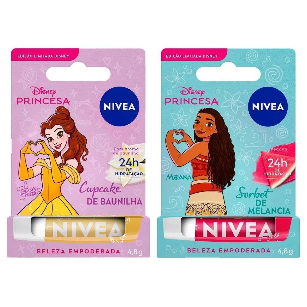 Kit Nivea Hidratante Labial Disney Princesas Cupcake De Baunilha Bela 4,8g + Hidratante Labial Sorbet De Melancia Moana 4,8g