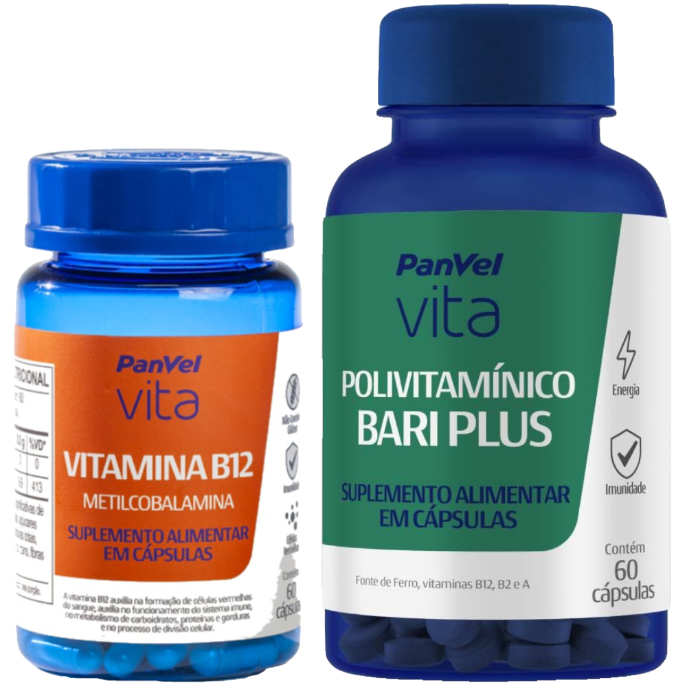Kit Panvel Vita Suplemento Alimentar Polivitamínico Bari Plus 60 Cápsulas Em Gel + Vitamina B12  60 Cápsulas