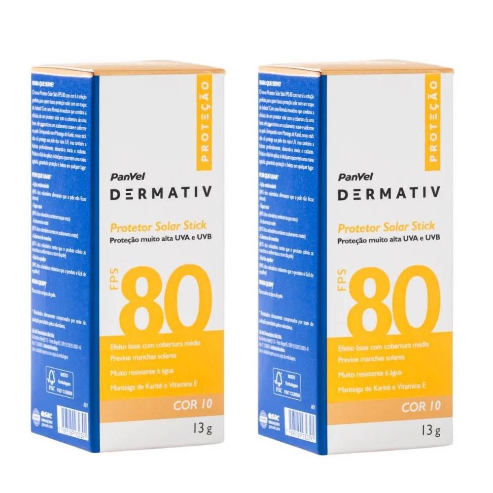 Kit Protetor Solar Facial Em Bastão (stick) Fps80 Panvel Dermativ Cor 10 13g Com 2 Unidades