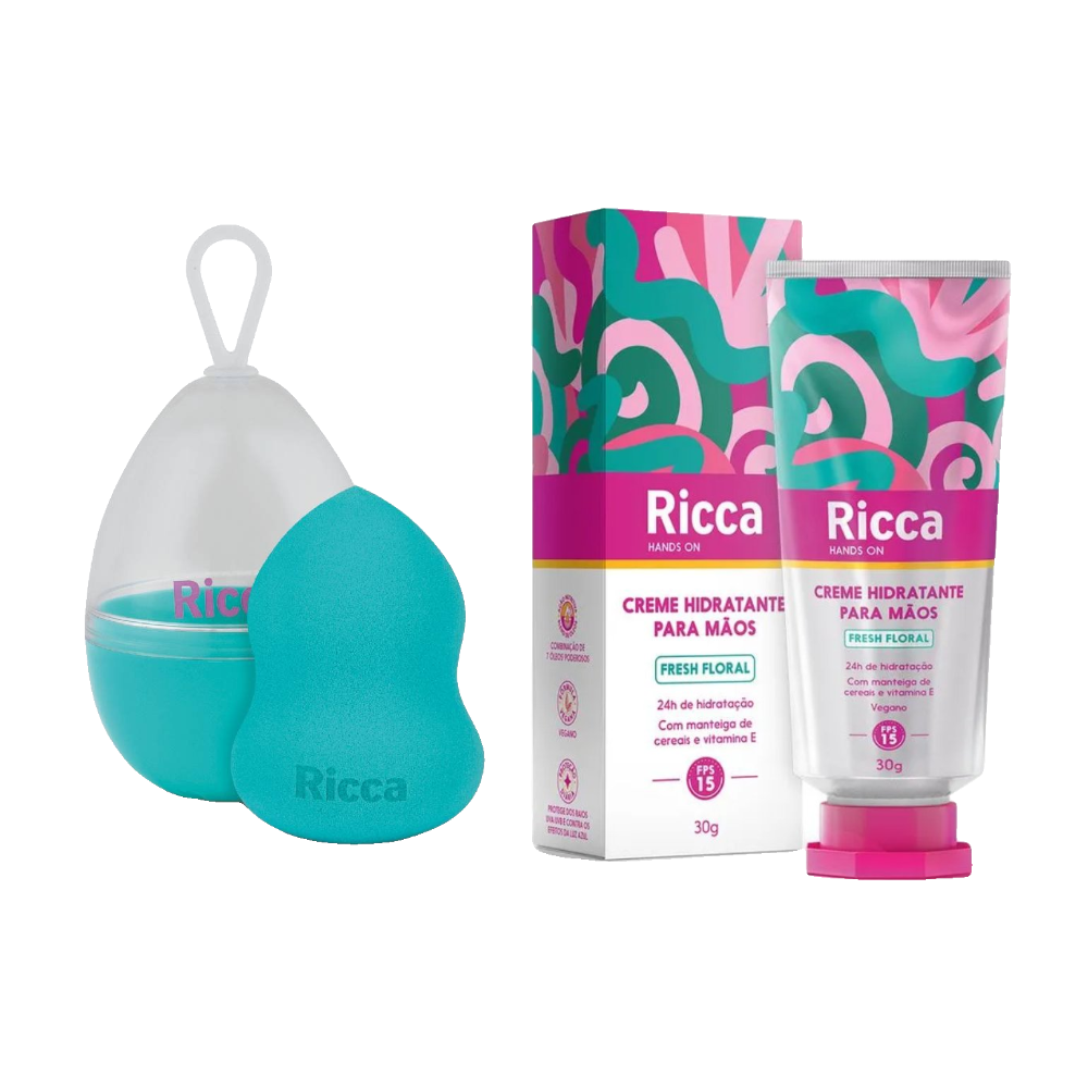 Kit Ricca Esponja Para Maquiagem Make Up Starblender 1 Unidade + Creme Hidratante Para Mãos Fps15 Fresh Floral 30g