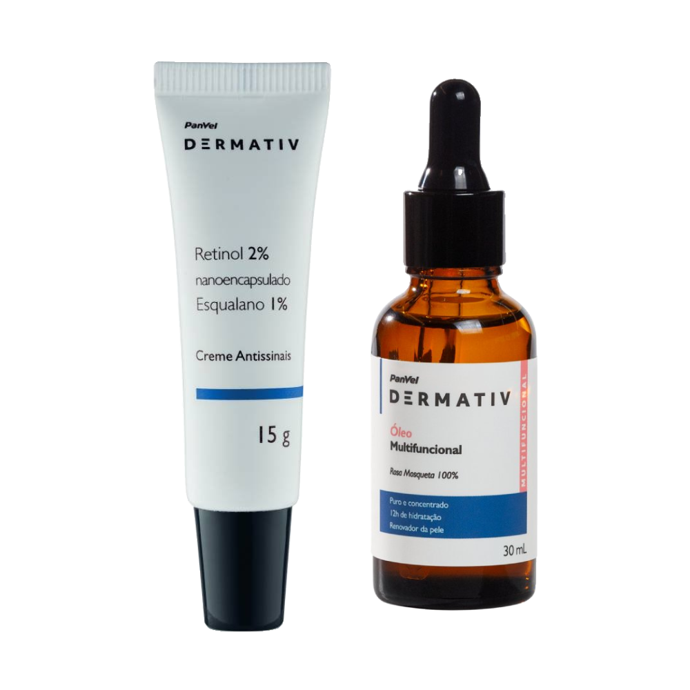 Kit Panvel Óleo Facial Rosa Mosqueta 100% Dermativ 30ml + Creme Anti Idade Para Área Dos Olhos Retinol 2% + Esqualano 1% Dermativ 15g
