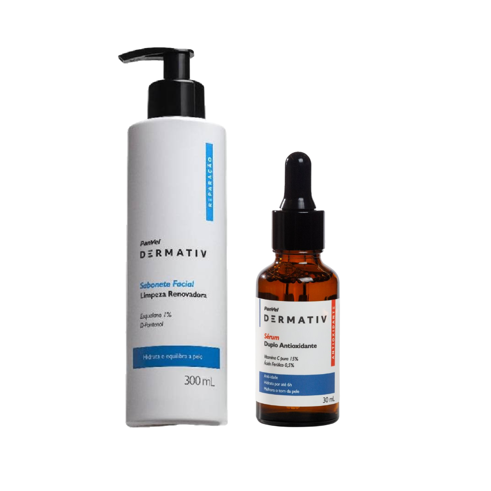 Kit Panvel Sabonete Facial Limpador Reparação Dermativ 300ml + Sérum Facial Anti Idade Vitamina C 15% + Ácido Ferúlico 0,5% Dermativ 30ml