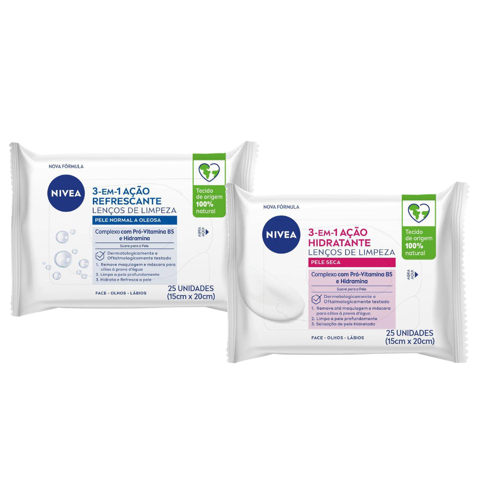 Kit Nivea Lenços De Limpeza Demaquilantes 3 Em 1 Ação Hidratante 25 Unidades + Lenços De Limpeza Demaquilantes 3 Em 1 Ação Refrescante 25 Unidades