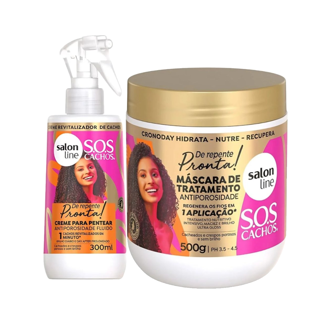 Kit Salon Line Creme Para Pentear Sos Cachos Antiporosidade 300ml + Máscara De Tratamento Sos Cachos Antiporosidade De Repente Pronta 500g