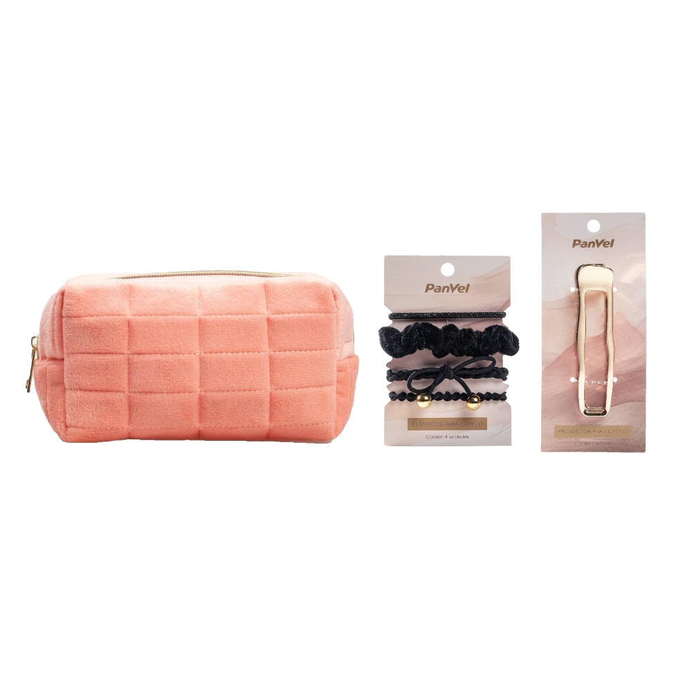 Kit Panvel Passador De Cabelos Metal Grande New Classic Iconic Edition Dourado + Kit 4 Elásticos Para Cabelo New Classic Iconic Edition Preto + Nécessaire De Veludo New Classic Iconic Edition Rose