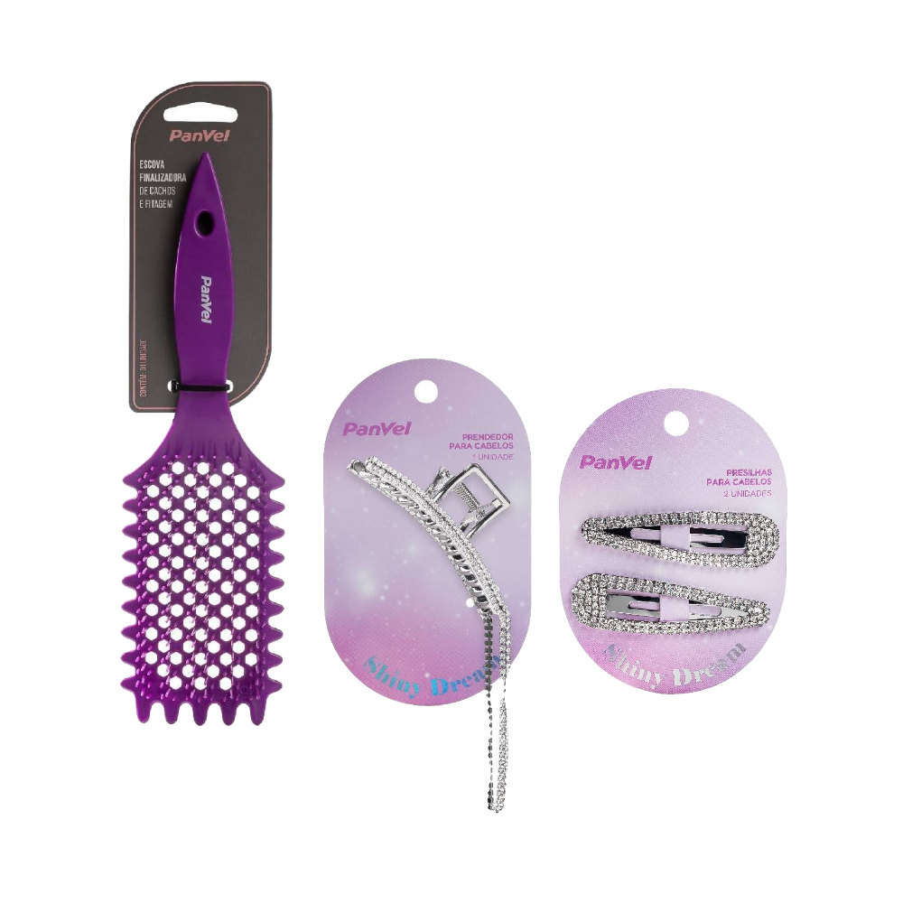 Kit Panvel Kit Com 2 Presilhas De Metal Para Cabelo Shiny Dream Strass Prata + Escova Finalizadora De Cachos E Fitagem + Piranha De Metal De Cabelo Shiny Dream Strass Prata