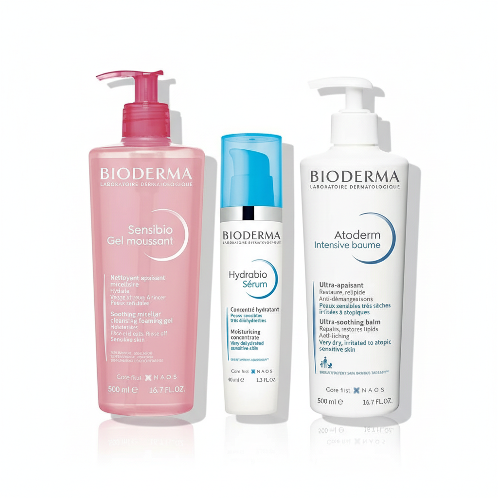 Kit Bioderma Gel De Limpeza Micelar Sensibio Moussant 500ml + Sérum Facial Hydrabio 40ml + Hidratante Atoderm Intensive Baume 500ml
