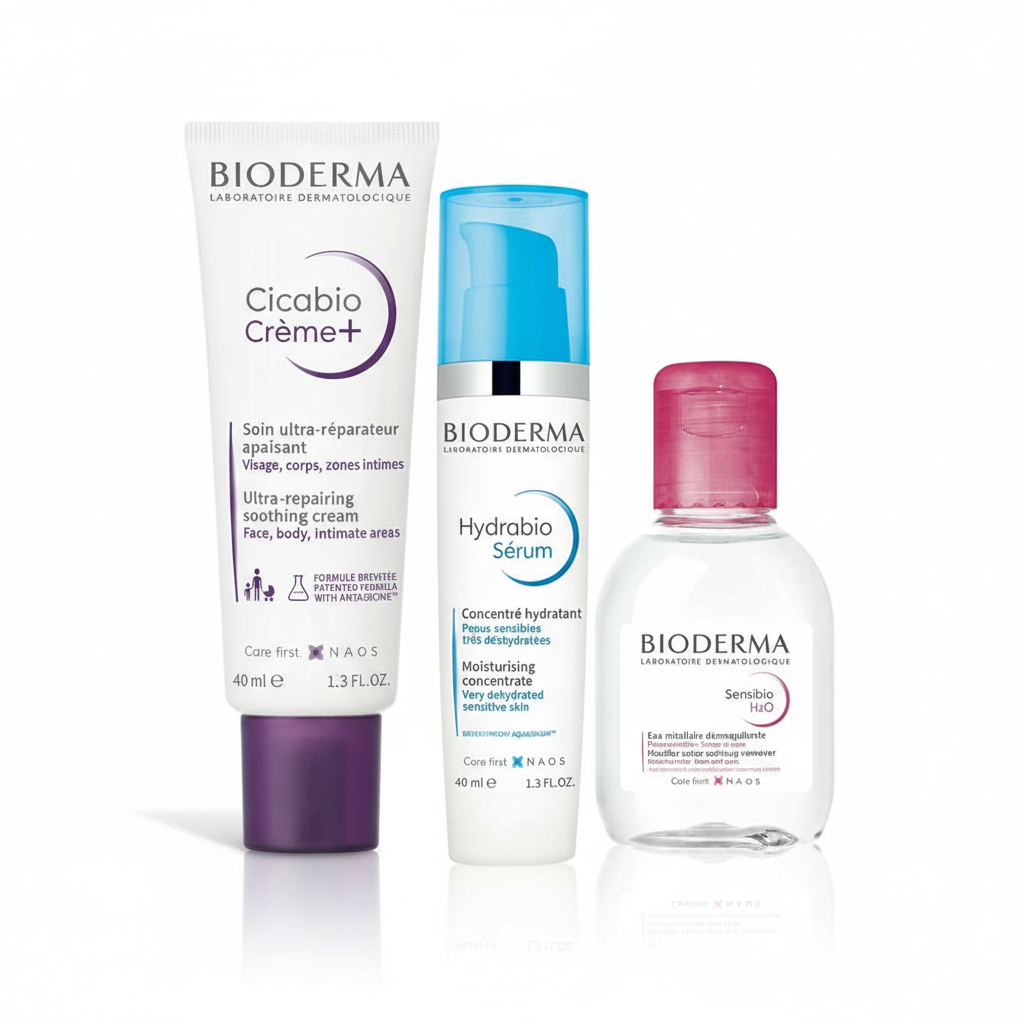 Kit Bioderma Sérum Facial Hydrabio 40ml + Creme Multirreparador Cicabio 40ml + Água Micelar Sensibio H2o 100ml