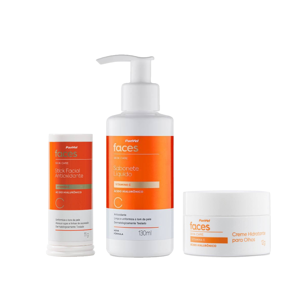 Kit Panvel Faces Vitamina C Hidratante Facial Stick 11g + Sabonete Líquido Facial 130ml + Hidratante Para Área Olhos 12g