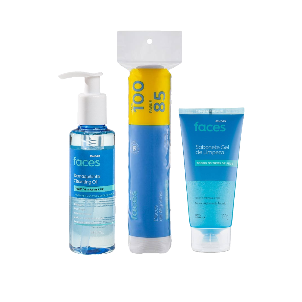 Kit Panvel Faces Óleo De Limpeza Facial Demaquilante Cleansing Oil 140ml + Sabonete Gel De Limpeza Facial 150g + Discos De Algodão Faces 100 Unidades