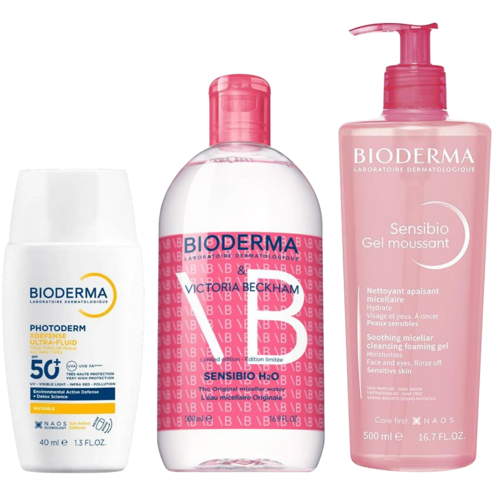 Kit Bioderma Água Micelar Vb Sensibio H2o 500ml + Protetor Solar Facial Photoderm Xdefense Fps50+ Neutro 40ml + Gel De Limpeza Micelar Sensibio Moussant 500ml