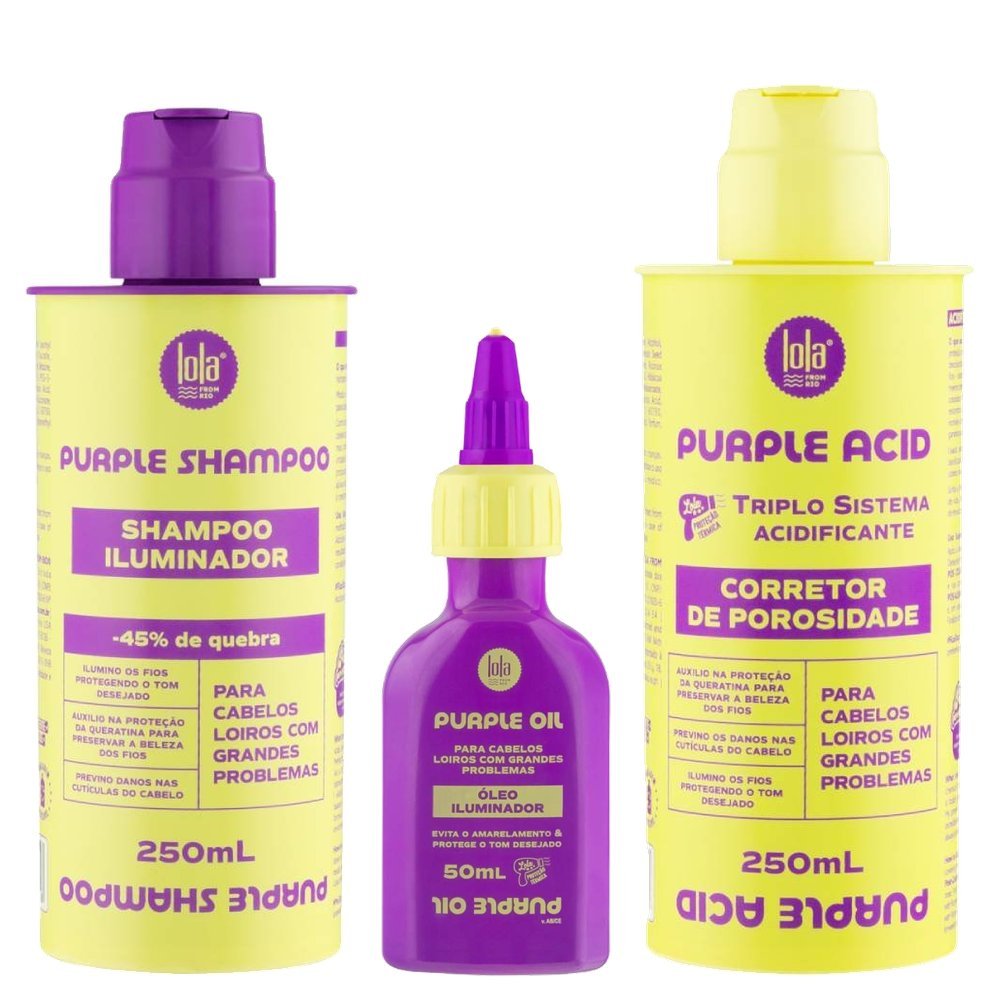 Kit Lola Cosmetics Purple Shampoo Iluminador 250ml + Óleo Capilar Iluminador 50ml + Acidificante Capilar 250ml