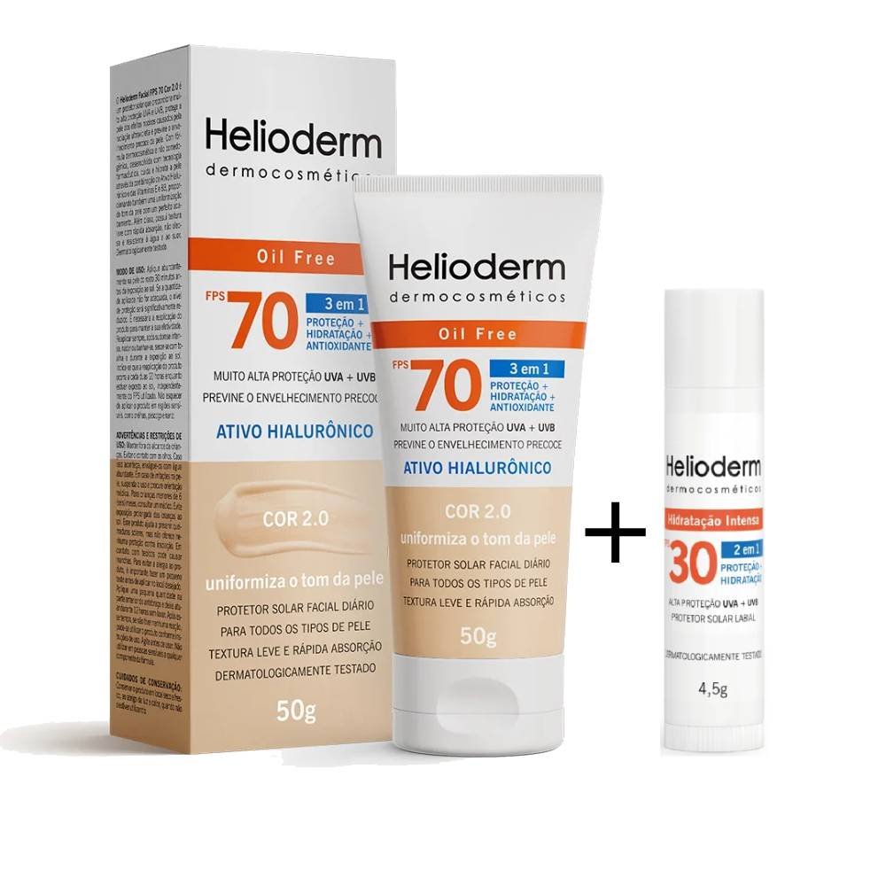 Kit Helioderm Protetor Solar Facial Fps70 Cor 2.0 50g + Protetor Labial Fps30 4,5g
