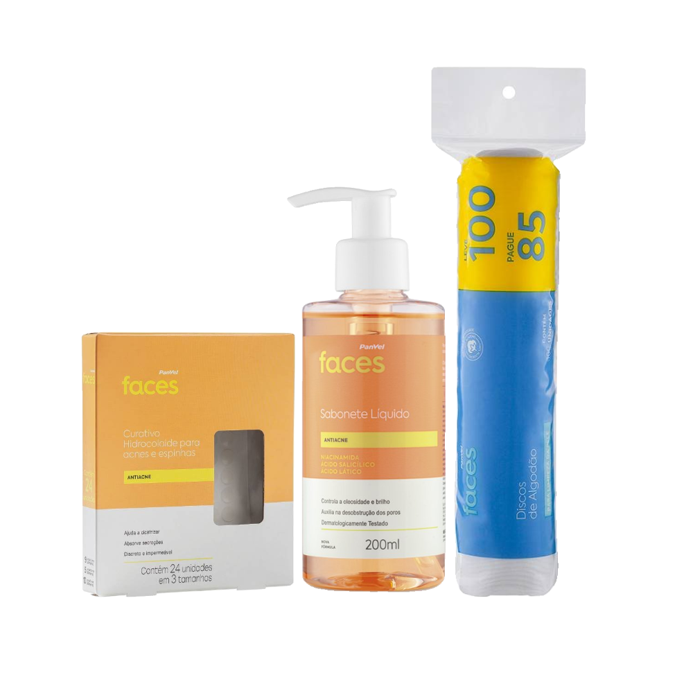Kit Panvel Faces Sabonete Líquido Antiacne 200ml + Discos De Algodão 100 Unidades + Curativo Secativo Para Acne 24 Unidades