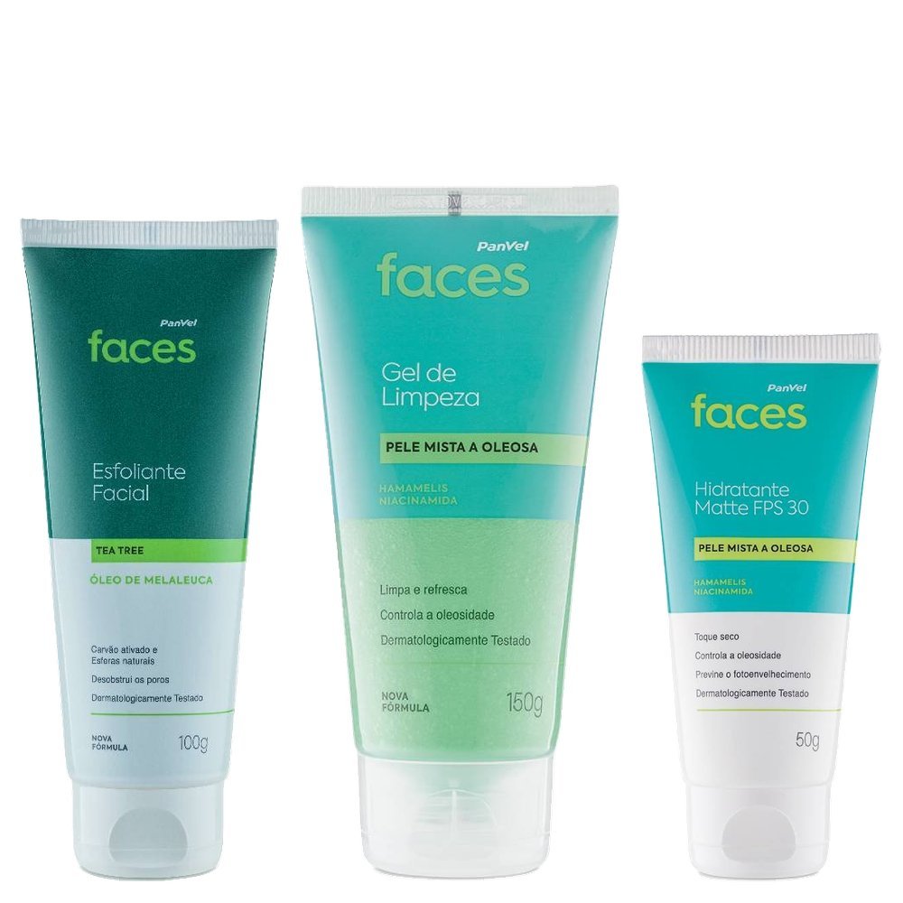 Kit Panvel Faces Pele Mista A Oleosa Esfoliante Facial Tea Tree 100g + Hidratante Facial Matte Fps30 50g + Gel De Limpeza 150g