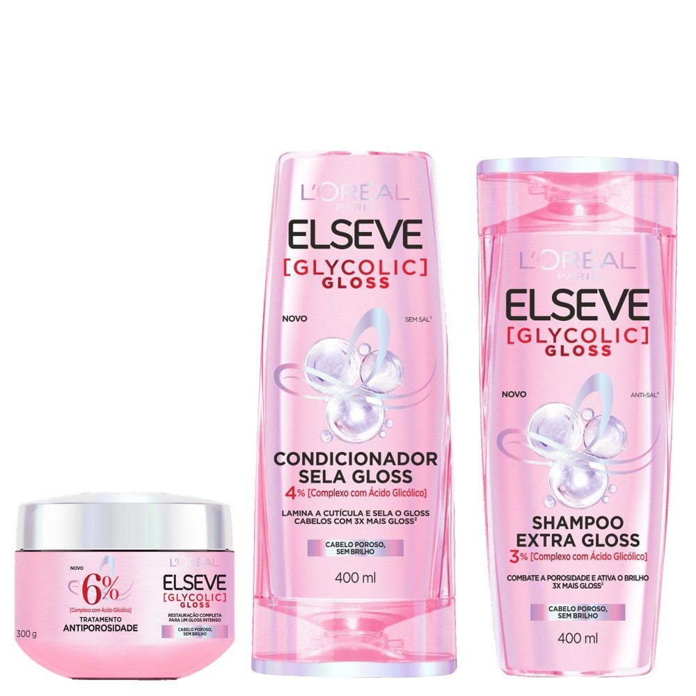 Kit Elseve Glycolic Gloss Shampoo 400ml + Condicionador 400ml + Creme De Tratamento 300g