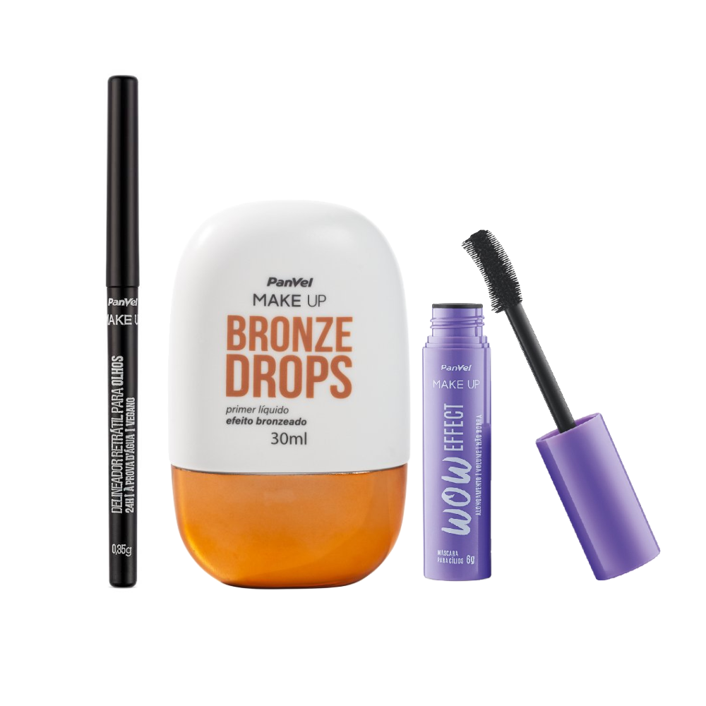 Kit Panvel Make Up Primer Líquido Bronze Drops 30ml + Máscara Cílios Wow 6g + Delineador Retrátil Para Olhos Preto 0,35g