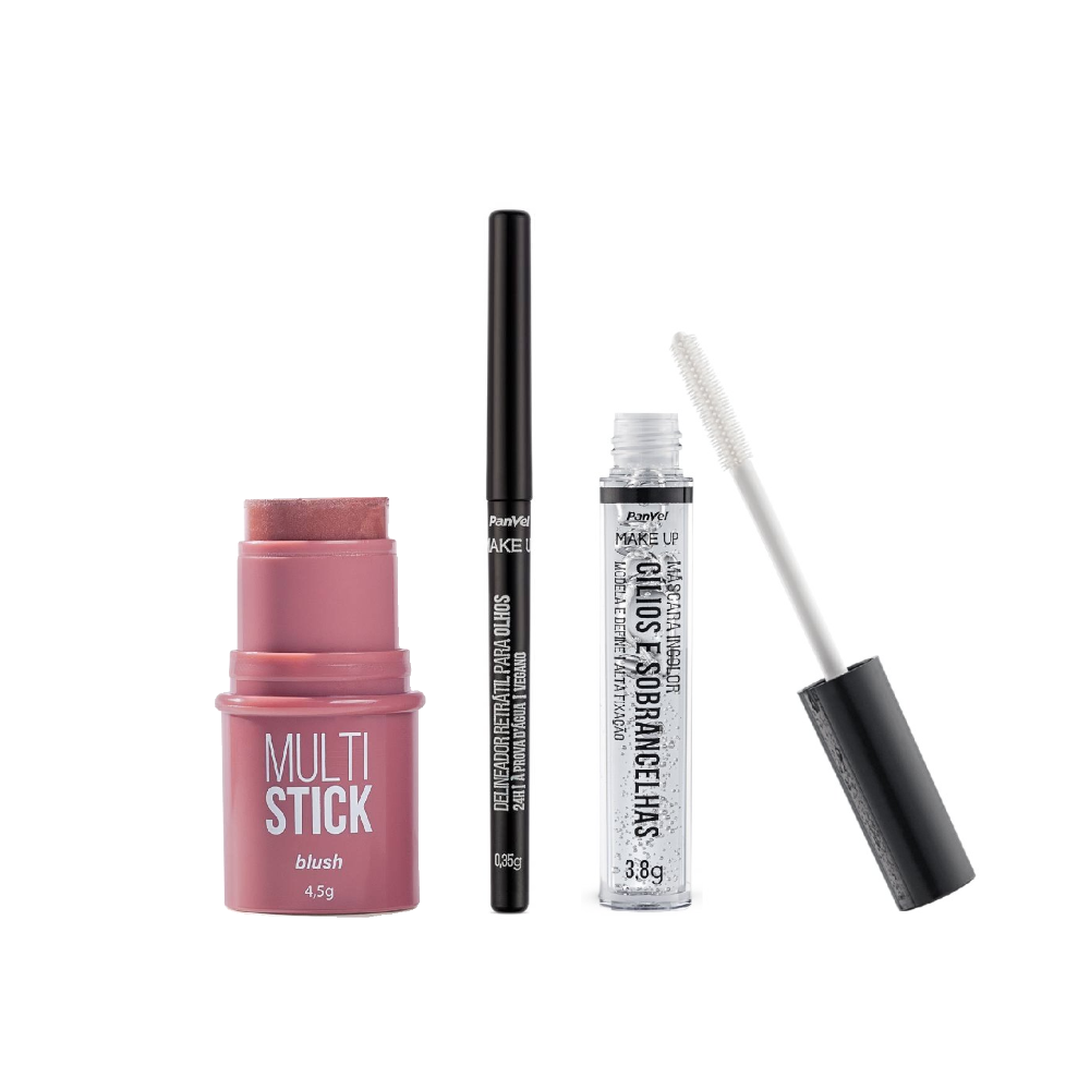 Kit Panvel Make Up Blush Multistick Rose Dust 4,5g + Delineador Retrátil Para Olhos Preto 0,35g + Máscara Para Cílios E Sobrancelha Incolor 3,8g