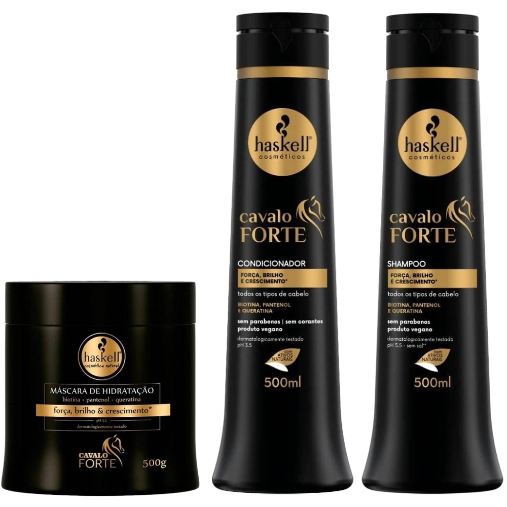 Kit Haskell Cavalo Forte + Shampoo 500ml + Condicionador 500ml + Máscara Capilar 500g
